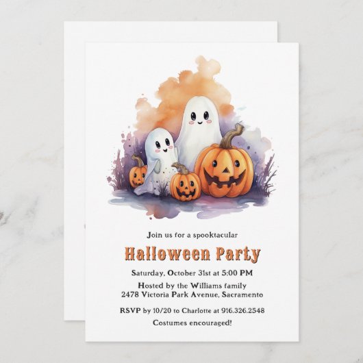 Funny Ghosts Pumpkins Kids Halloween Party 招待状 (正面/裏面)
