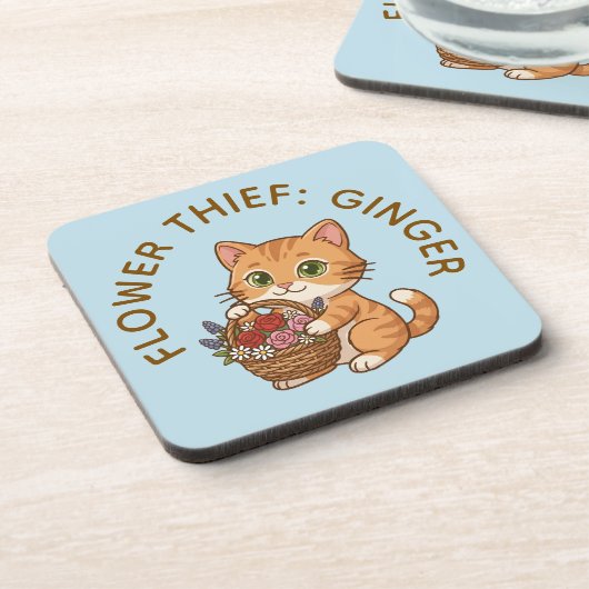 Funny Ginger Cat Flower Thief | Plastic Coaster コースター (左側)
