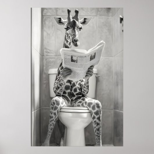 Funny Giraffe Bathroom Print, Reading Newspaper ポスター (正面)