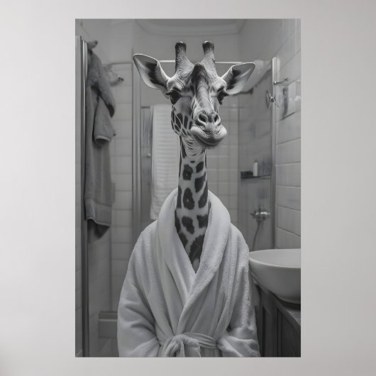 Funny Giraffe in Bathrobe Print, Quirky Bathroom ポスター (正面)
