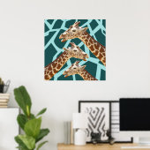 Funny Giraffe Print Teal Blue Wild Animal Patterns ポスター (ホームオフィス)