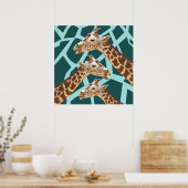 Funny Giraffe Print Teal Blue Wild Animal Patterns ポスター (キッチン)