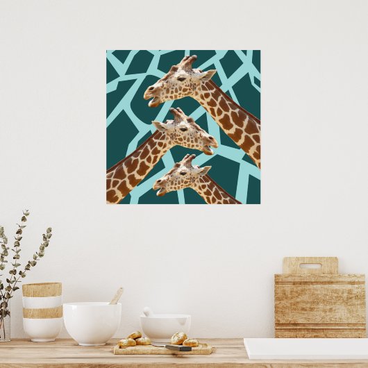 Funny Giraffe Print Teal Blue Wild Animal Patterns ポスター (キッチン)