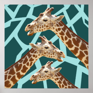 Funny Giraffe Print Teal Blue Wild Animal Patterns ポスター