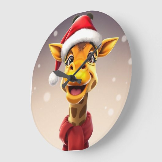 Funny giraffe wearing a Santa hat ラージ壁時計 (傾斜)