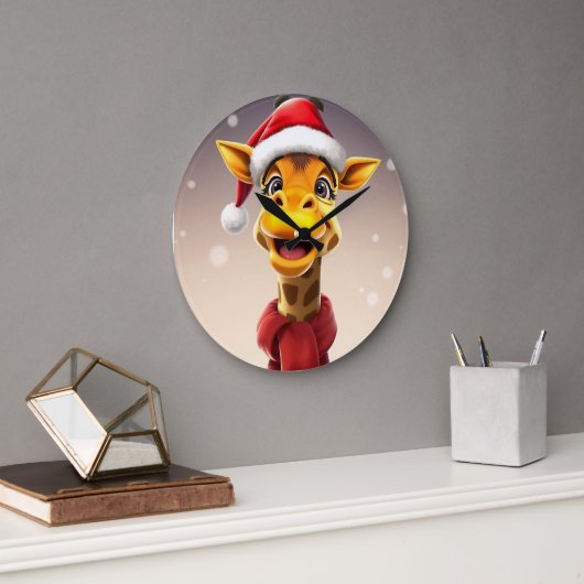 Funny giraffe wearing a Santa hat ラージ壁時計 (オフィス)