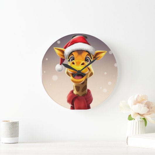 Funny giraffe wearing a Santa hat ラージ壁時計 (ホーム)