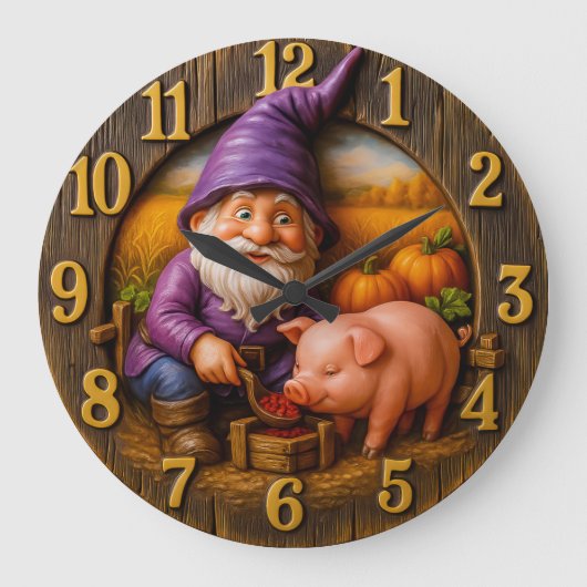 Funny Gnome and Pig in Autumn Harvest Scene clock ラージ壁時計 (正面)