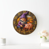 Funny Gnome and Pig in Autumn Harvest Scene clock ラージ壁時計 (ホーム)