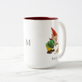 Funny Gnome, Gold Coins, Calligraphy & Monogram ツートーンマグカップ (正面右)