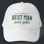 Funny golf bachelor party best man worst golfer キャップ<br><div class="desc">For the golf theme bachelor party, get a good laugh with this personalized hat perfect for the best man. The hat features the saying "Best Man worst golfer" but the green text can be customized with your choice of wording. Find coordinating bachelor party supplies and more colors in the Golf...</div>