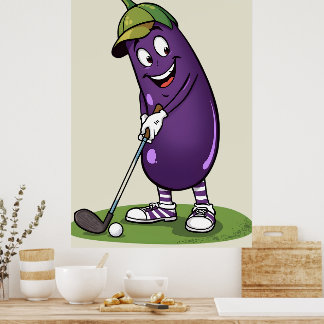Funny Golf Eggplant Character: Cartoon Golfer Vege ポスター