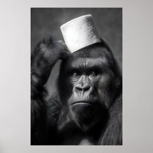 Funny Gorilla Bathroom Art Print, Toilet Paper Hat ポスター (正面)