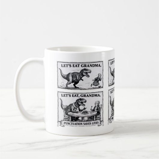 ☕ Funny Grammar Mug – “Let’s Eat, Grandma” コーヒーマグカップ (左)