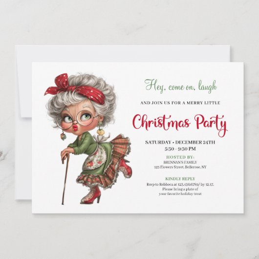 Funny Granny Comic Christmas Holiday Invite 招待状 (正面)