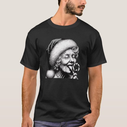 Funny Granny Nana Licking Candy Cane Grandma Chris Tシャツ (正面)