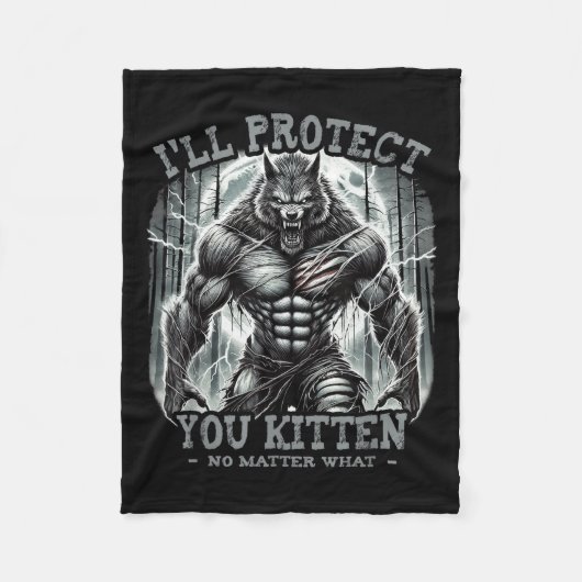 Funny Graphic Tee Ill Protect You Kitten Alpha Wol フリースブランケット (正面)