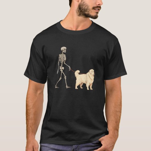 Funny Great Pyrenees Skeleton Dog Walking Hallowee Tシャツ (正面)