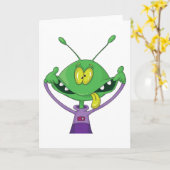 Funny Green Alien Making Silly Face カード (黄色い花)