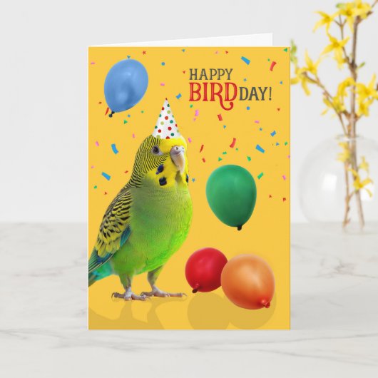 Funny Green and Yellow Budgie Parakeet Birthday カード (黄色い花)
