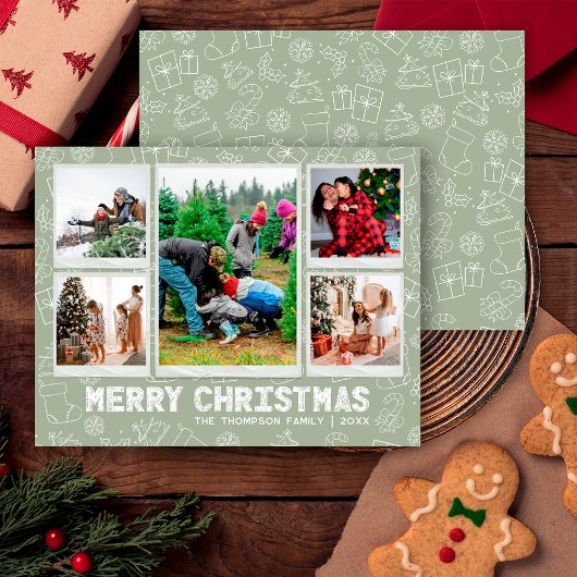Funny Green Doodle Christmas 5 Photo Holiday Card シーズンカード