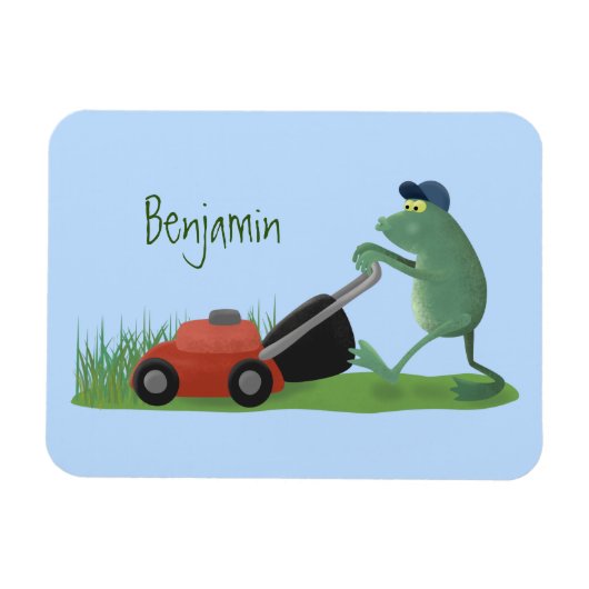 Funny green frog mowing lawn cartoon マグネット (横)