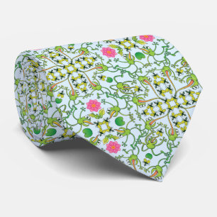 Funny green frogs hunting flies mandala design ネクタイ