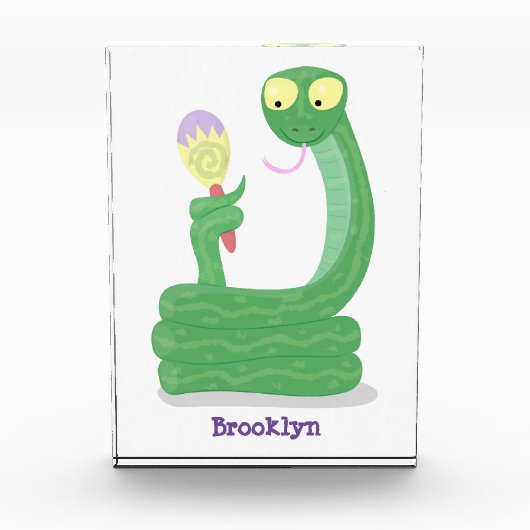 Funny green snake with maraca cartoon フォトブロック (正面)