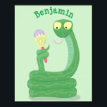 Funny green snake with maraca cartoon ポスター<br><div class="desc">This funny green snake is pretending to be a rattlesnake. Drawn in cute cartoon illustration style.</div>