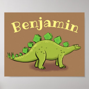 Funny green stegosaurus dinosaur cartoon ポスター