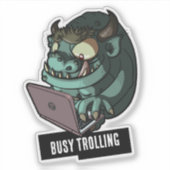 Funny Green Troll Busy Trolling On Laptop Cartoon シール (正面)