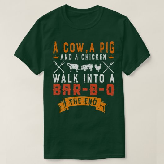 Funny Grilling BBQ Meat Cow Pig Chicken Walk Into  Tシャツ (デザイン正面)