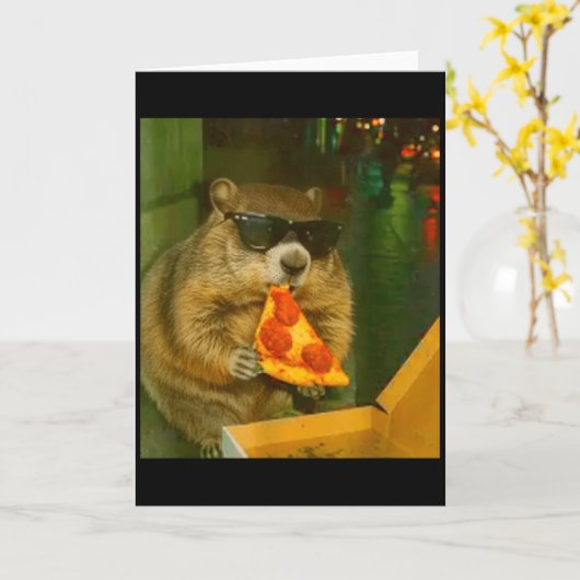 Funny Groundhog Woodchuck Eating Pizza Rodent Meme カード (黄色い花)