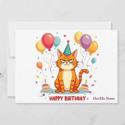 Funny Grumpy Cat Birthday Card – Balloon Overload カード (正面)