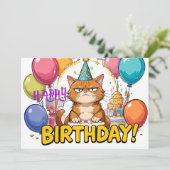 Funny Grumpy Cat Birthday Card – Cartoon Party Hum カード (スタンド正面)