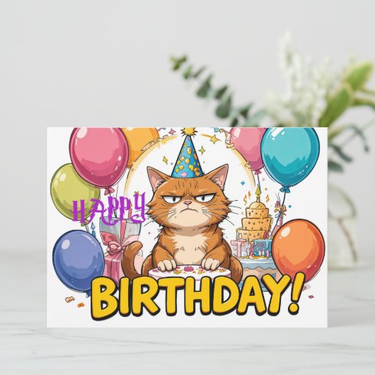 Funny Grumpy Cat Birthday Card – Cartoon Party Hum カード (スタンド正面)