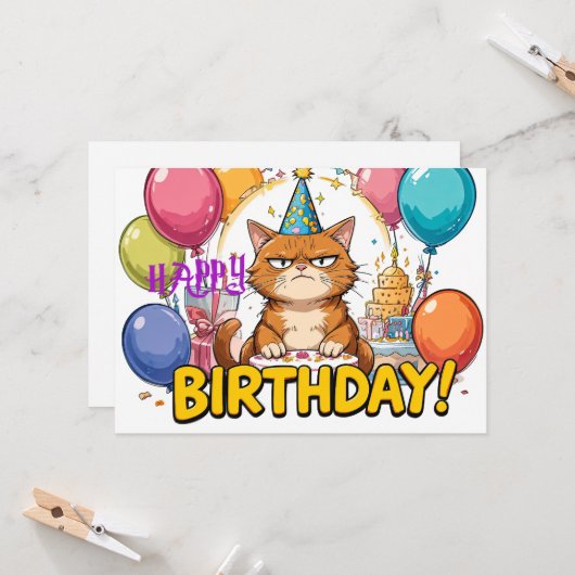 Funny Grumpy Cat Birthday Card – Cartoon Party Hum カード (正面/裏面インサイチュ)