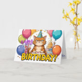Funny Grumpy Cat Birthday Card – Cartoon Party Hum カード (黄色い花)