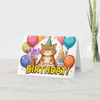 Funny Grumpy Cat Birthday Card – Cartoon Party Hum カード