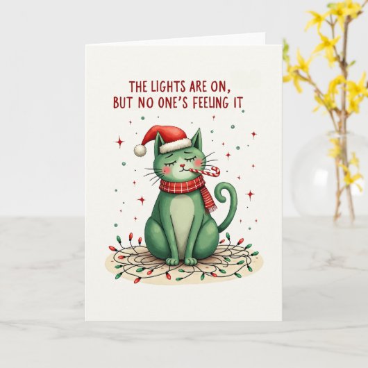 Funny Grumpy Cat Christmas Card The Lights Are On カード (黄色い花)