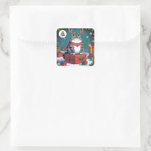 Funny Grumpy Cat Christmas Design – Fat Cat スクエアシール (バッグ)