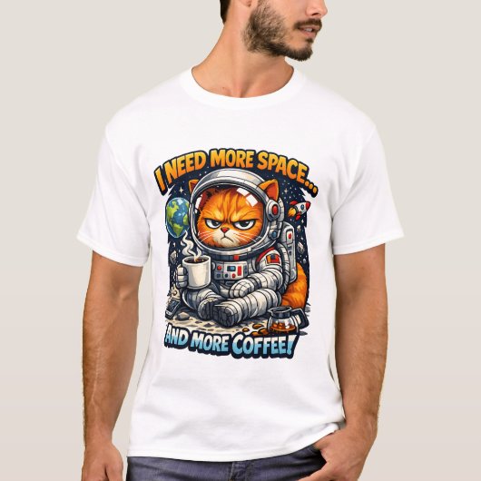 Funny Grumpy Cat, Need More Space And More Coffee Tシャツ (正面)
