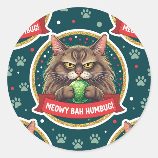 Funny Grumpy Christmas Cat Sticker – Ornament cat ラウンドシール (正面)