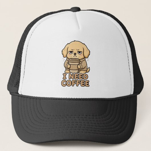 Funny Grumpy Dog I Need Coffee Hoodie - Cute Coffe キャップ (正面)