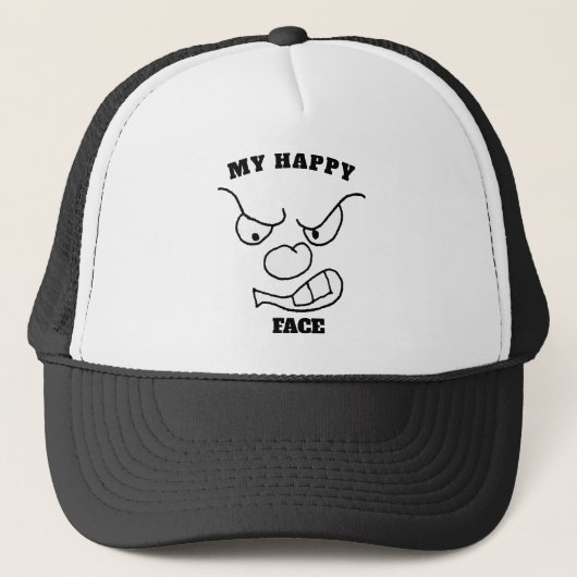 Funny Grumpy Emoji Trucker Hat - My Happy Face Cap キャップ (正面)