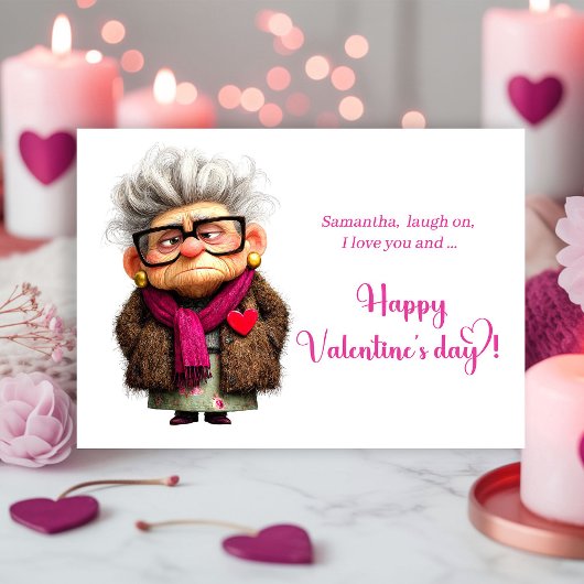 Funny Grumpy Lady Valentine Card Bold Pink Art シーズンカード