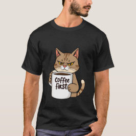 Funny Grumpy Tabby Cat Coffee First Morning ✨🐾☕ Tシャツ