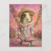 Funny Guinea Pig on Skateboard in Pink Slippers ポストカード (正面)