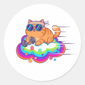 Funny Gym Cat Lifting Dumbbell on Rainbow Cloud ラウンドシール
