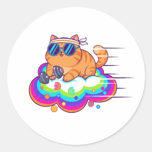 Funny Gym Cat Lifting Dumbbell on Rainbow Cloud ラウンドシール (正面)